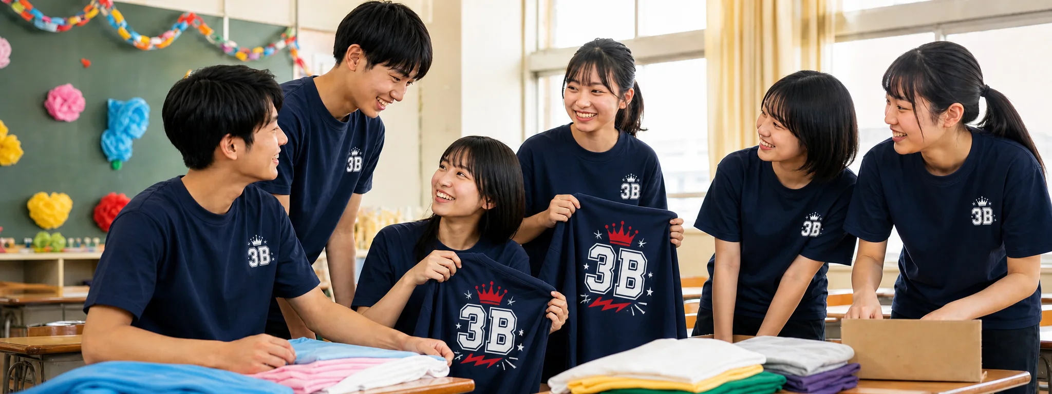 文化祭の準備をしながら、3Bのプリントが入ったネイビーのクラスTシャツを囲んで笑顔で話す高校生たち